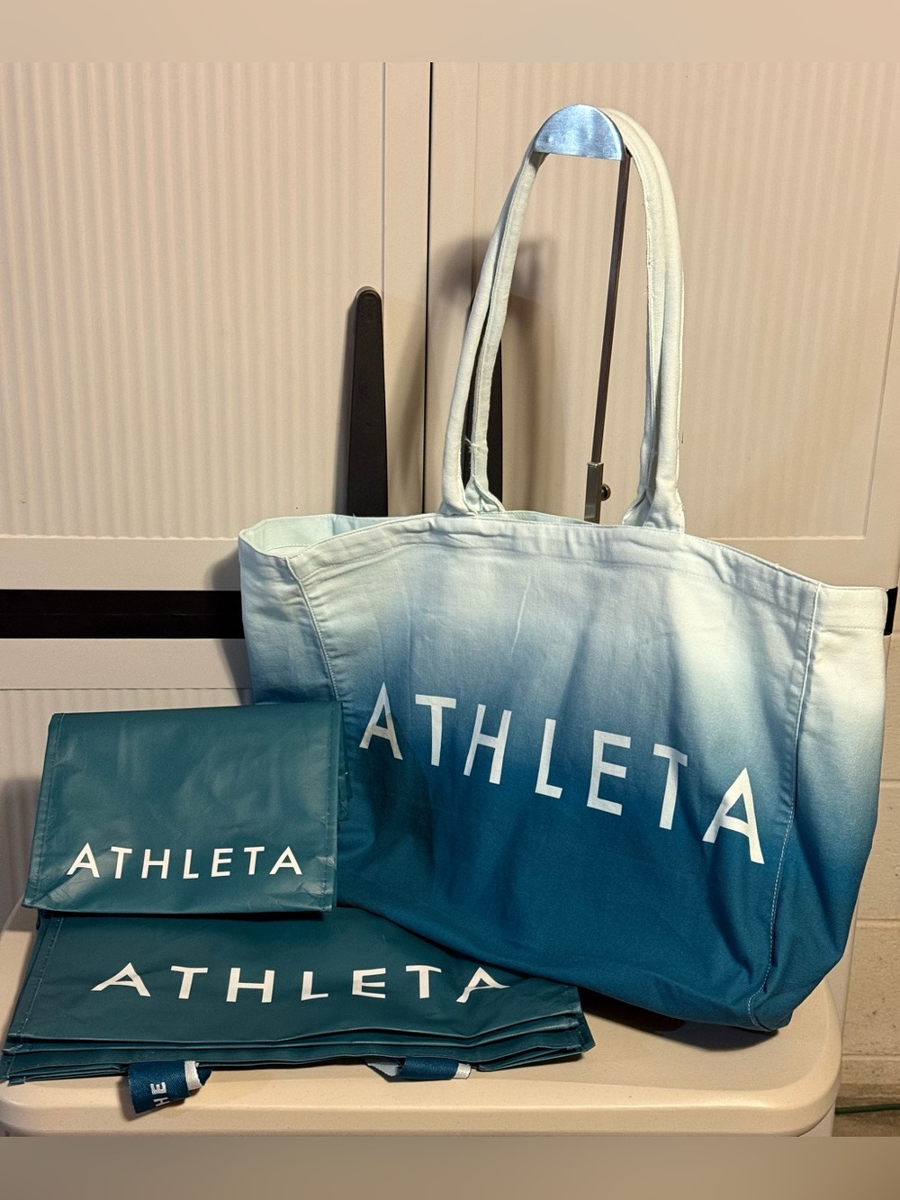 Athleta Ombre Teal and Light Blue Canvas Tote and 2 Matching Vinyl  Sturdy Bags